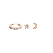 Crystal Hoop + Crystal Star + Moon Stud Rose Gold Set