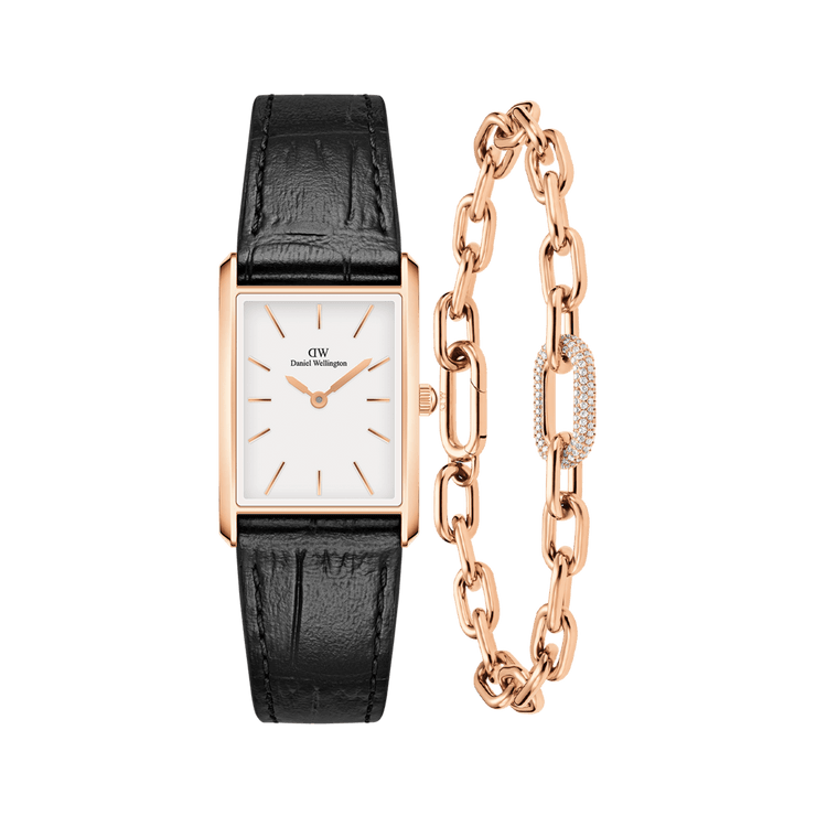 Bound Black Crocodile & Crystal Link Bracelet Rose Gold