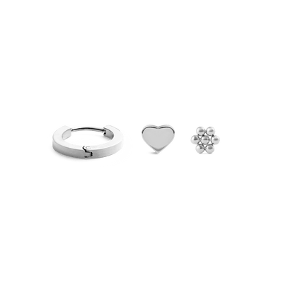 Hoop + Heart + Flower Stud Silver Set