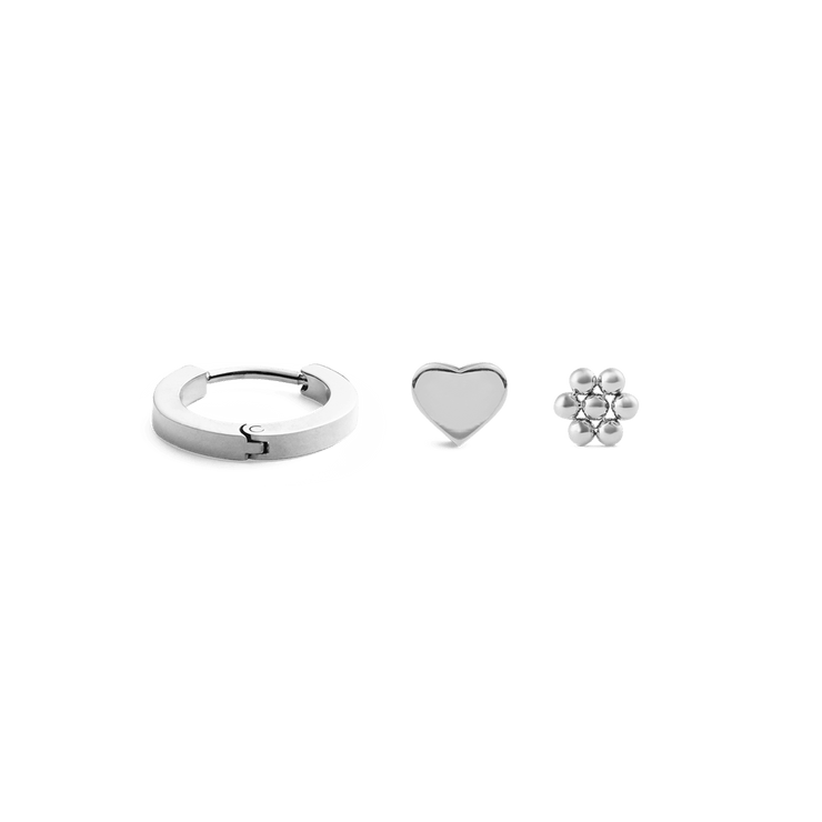 Hoop + Heart + Flower Stud Silver Set